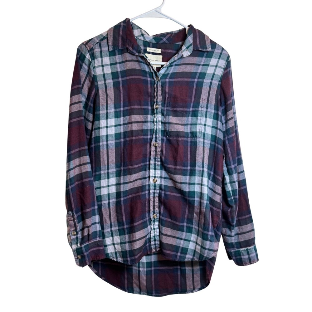 American Eagle Womens XS Boyfriend Fit Flannel Shirt Plaid Burgundy Green Soft